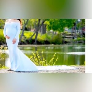 Maternity dress, baby blue, custom made, fits like a small but very stretchy!